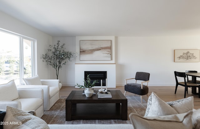 living room featuring dark wood-type flooring