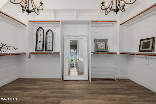 spacious closet featuring an inviting chandelier and dark wood-type flooring