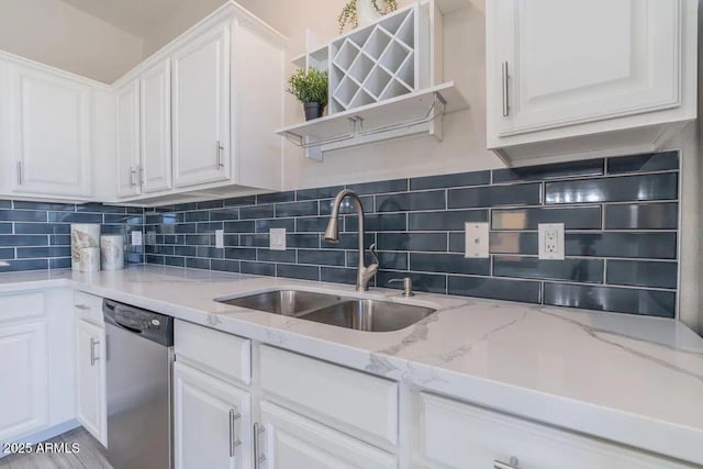29891 N Desert Angel Dr, San Tan Valley, AZ 85143 - kitchen featuring dishwasher, a sink, white cabinetry, open shelves, and decorative backsplash