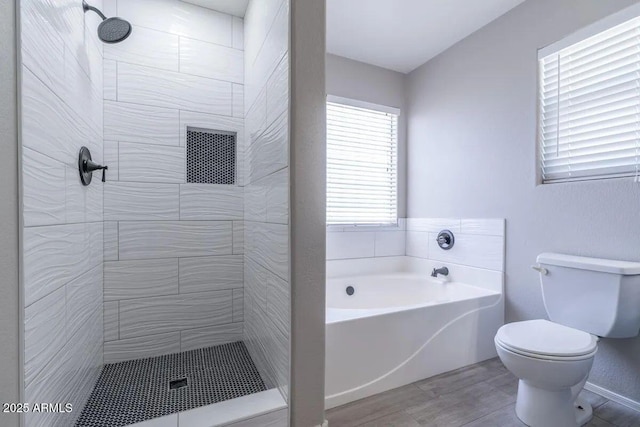 29891 N Desert Angel Dr, San Tan Valley, AZ 85143 - full bathroom with a bath, toilet, a tile shower, and wood finished floors