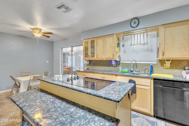kitchen with light brown cabinetry, a sink, dishwasher, black electric cooktop, and visible vents