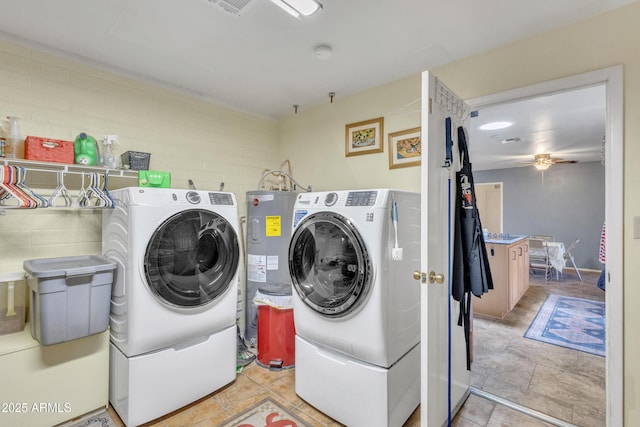 laundry area with laundry area, ceiling fan, washer and clothes dryer, water heater, and concrete block wall