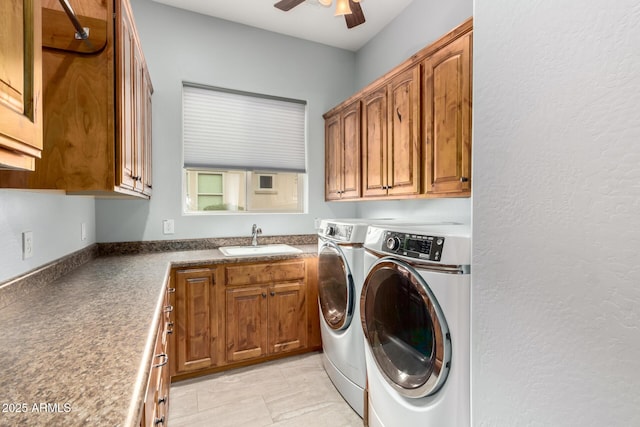 1407 E Artemis Trl, San Tan Valley, AZ 85140 - clothes washing area with a sink, cabinet space, independent washer and dryer, and ceiling fan