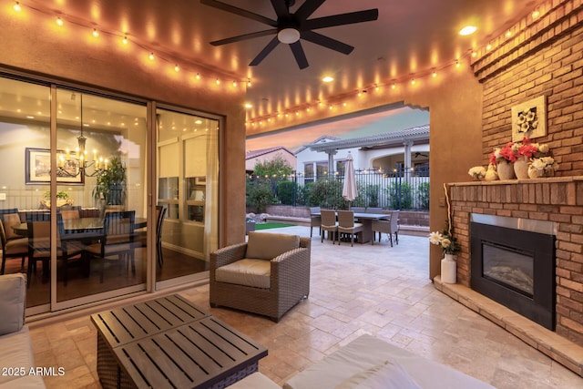 1407 E Artemis Trl, San Tan Valley, AZ 85140 - view of patio featuring outdoor dining area, fence, an outdoor brick fireplace, and ceiling fan
