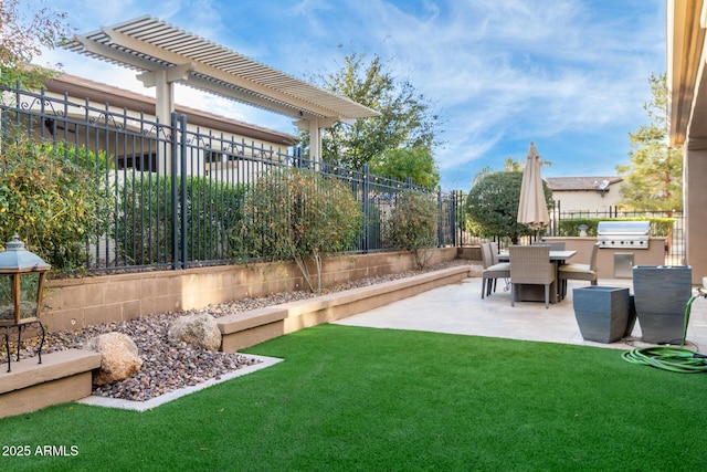 1407 E Artemis Trl, San Tan Valley, AZ 85140 - view of yard featuring a fenced backyard, a patio, an outdoor kitchen, and a pergola