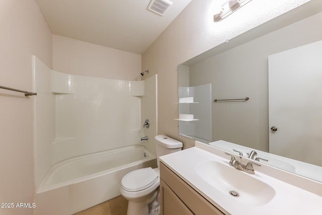 full bath featuring visible vents, toilet, bathing tub / shower combination, tile patterned floors, and vanity