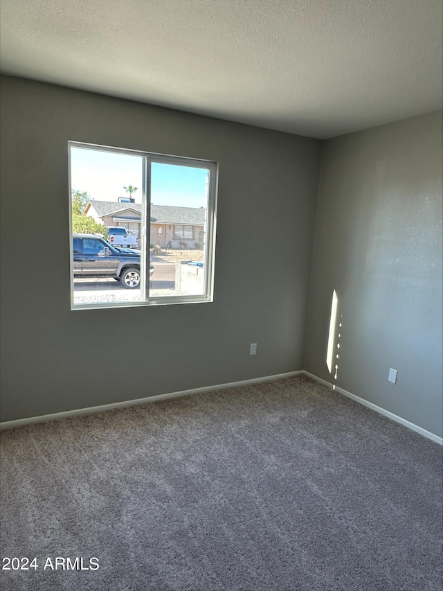 empty room with a textured ceiling and carpet flooring