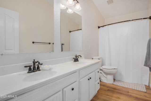 bathroom featuring double vanity, wood finished floors, a sink, and visible vents