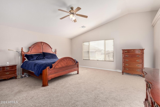 bedroom with light carpet, ceiling fan, and lofted ceiling