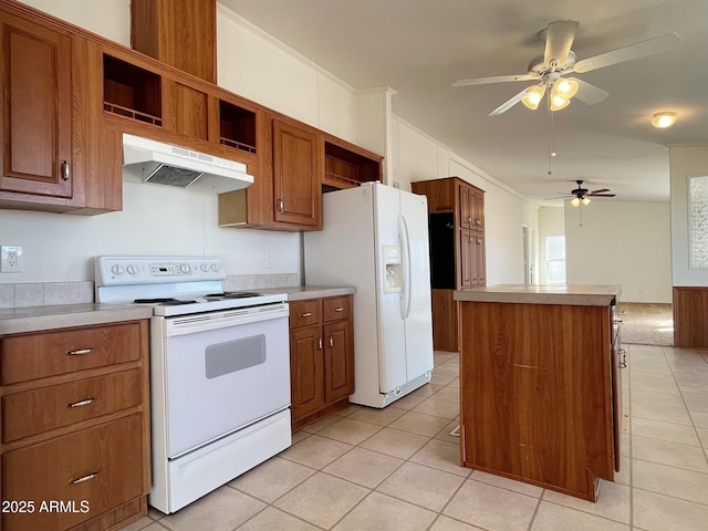 kitchen featuring brown cabinets, open shelves, a kitchen island, white appliances, and under cabinet range hood