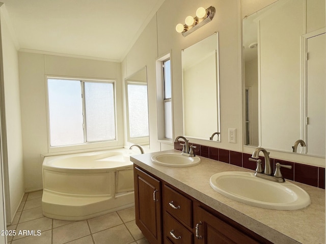 full bath featuring ornamental molding, tile patterned flooring, a sink, and a bath