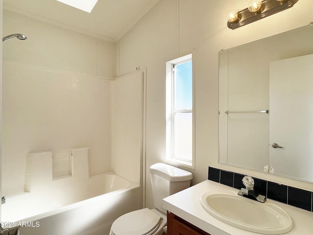 bathroom with shower / bath combination, vanity, and toilet