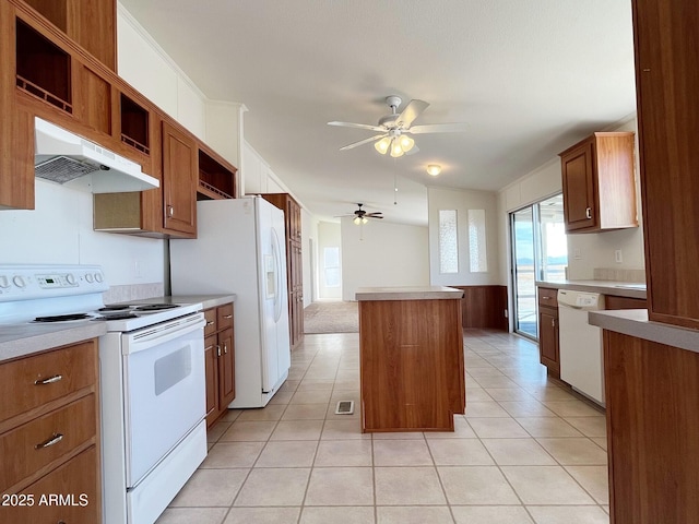 kitchen featuring brown cabinets, open shelves, a kitchen island, white appliances, and under cabinet range hood