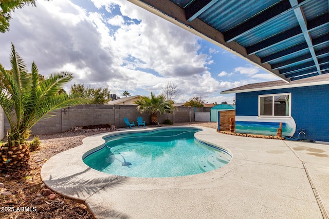 view of pool with a storage unit and a patio area