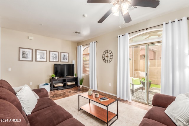 living room with ceiling fan