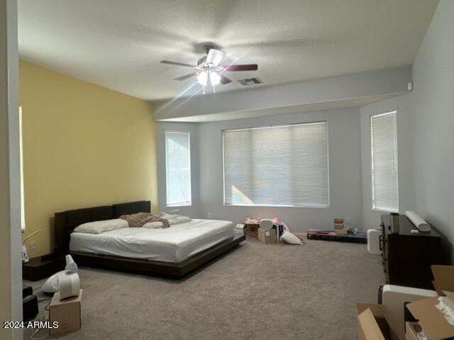 carpeted bedroom with ceiling fan