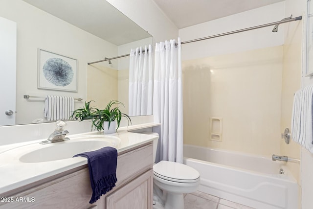 bathroom with toilet, shower / bath combo with shower curtain, tile patterned floors, and vanity