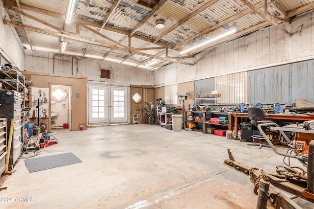 garage with a workshop area