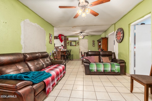 tiled living room featuring ceiling fan and an AC wall unit