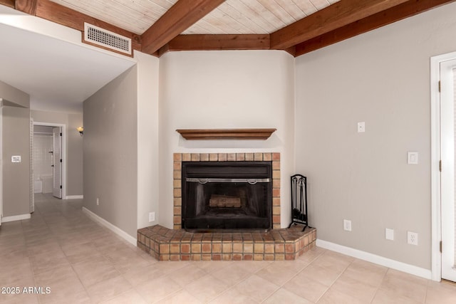 14602 N 63rd Pl, Scottsdale, AZ 85254 - detailed view of beam ceiling, a brick fireplace, wood ceiling, and baseboards