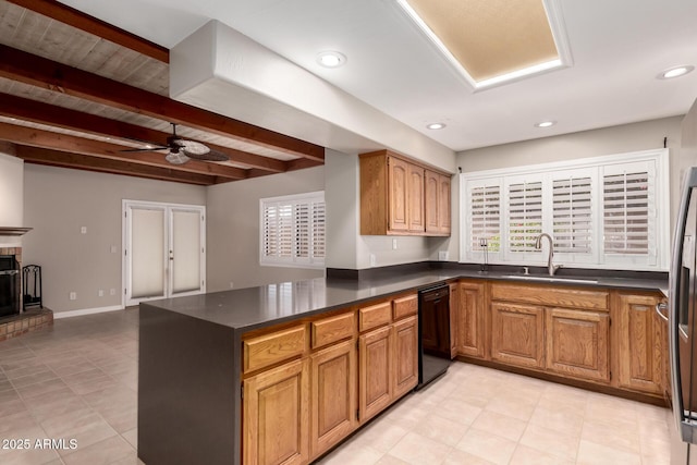 14602 N 63rd Pl, Scottsdale, AZ 85254 - kitchen featuring dishwasher, a sink, dark countertops, beam ceiling, and a ceiling fan