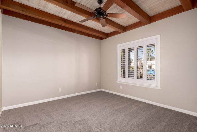 14602 N 63rd Pl, Scottsdale, AZ 85254 - carpeted empty room featuring beamed ceiling, wood ceiling, a ceiling fan, and baseboards