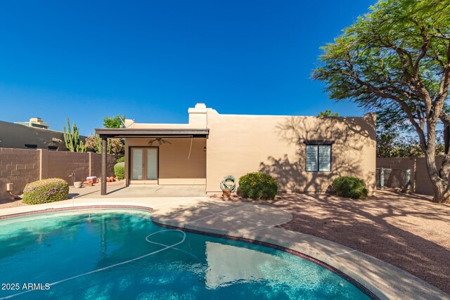 14602 N 63rd Pl, Scottsdale, AZ 85254 - view of pool with french doors, a patio, fence, and ceiling fan