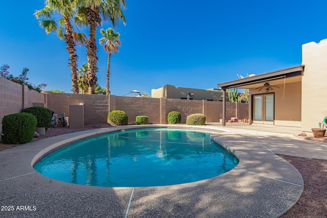 14602 N 63rd Pl, Scottsdale, AZ 85254 - view of pool featuring french doors, a fenced backyard, a patio, and ceiling fan