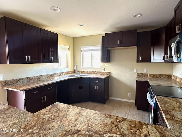 kitchen featuring stainless steel appliances, dark brown cabinetry, and sink