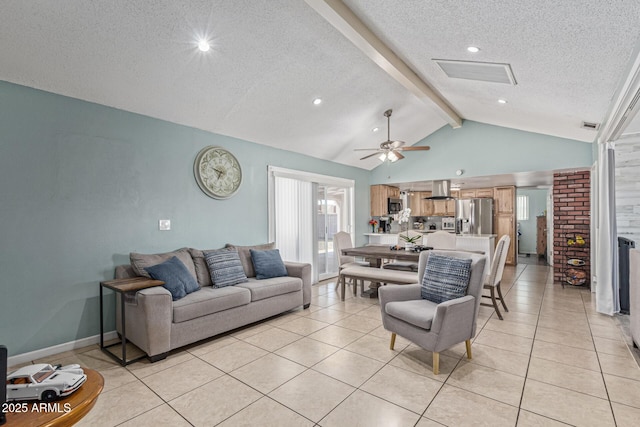 1235 E Dover St, Mesa, AZ 85203 - living room featuring a textured ceiling, ceiling fan, light tile patterned floors, and baseboards