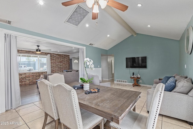 1235 E Dover St, Mesa, AZ 85203 - dining area with ceiling fan, light tile patterned floors, brick wall, recessed lighting, and baseboards