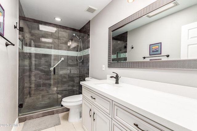 7736 E Rancho Vista Dr, Scottsdale, AZ 85251 - full bathroom featuring toilet, a shower stall, tile patterned flooring, vanity, and recessed lighting