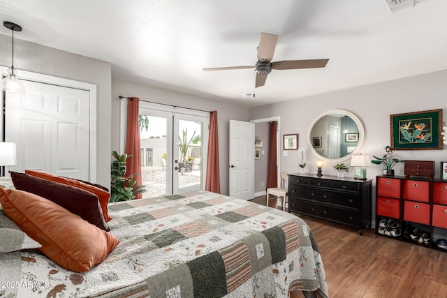 7736 E Rancho Vista Dr, Scottsdale, AZ 85251 - bedroom with access to exterior, wood finished floors, french doors, baseboards, and ceiling fan