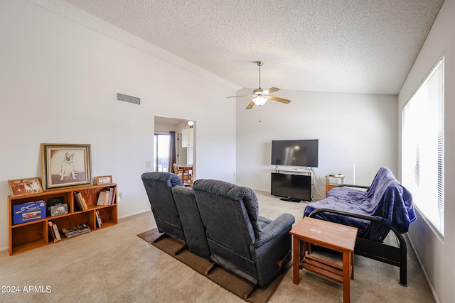 carpeted living room with ceiling fan, a wealth of natural light, and a textured ceiling