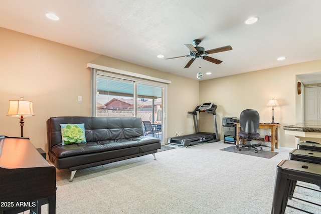 interior space with ceiling fan, carpet flooring, and recessed lighting