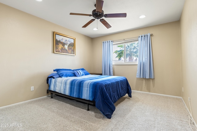 carpeted bedroom with recessed lighting, a ceiling fan, and baseboards