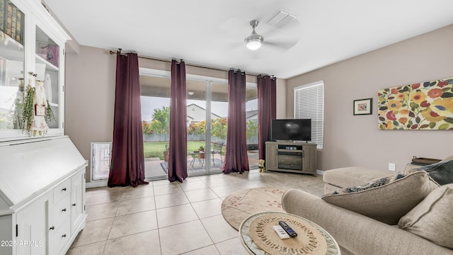 37820 W San Sisto Ave, Maricopa, AZ 85138 - living area featuring a ceiling fan, visible vents, and light tile patterned floors