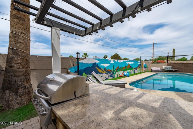 8214 E Northland Dr, Scottsdale, AZ 85251 - view of swimming pool with area for grilling, a fenced backyard, a patio, and a pergola
