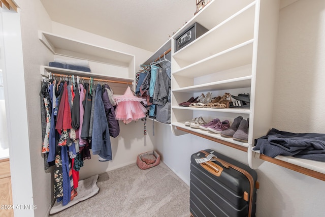 walk in closet with carpet flooring