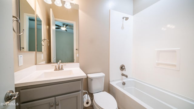 bathroom with toilet, a ceiling fan, shower / bathtub combination, and vanity
