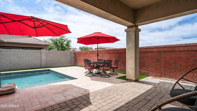 view of swimming pool featuring a patio, a fenced backyard, and a fenced in pool