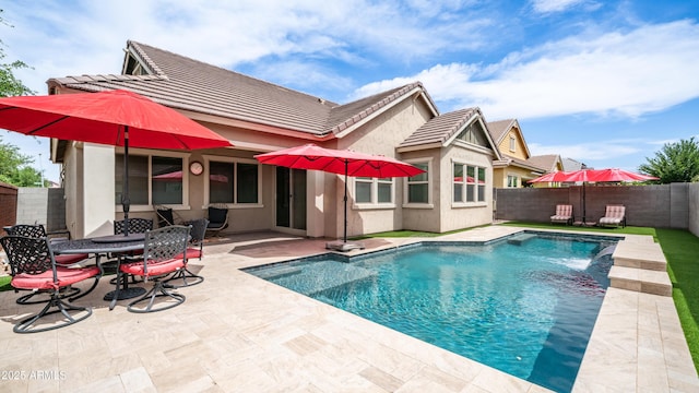 view of pool with a fenced backyard, a fenced in pool, and a patio area
