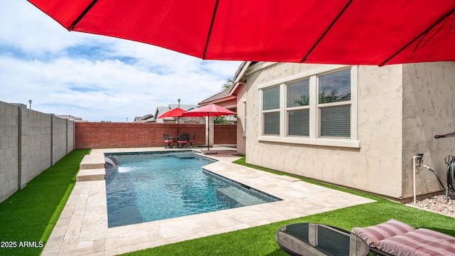 view of swimming pool featuring a patio, a fenced backyard, and a fenced in pool