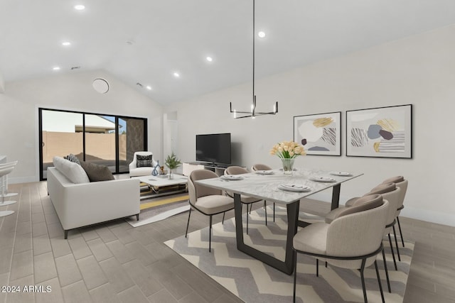 dining room featuring baseboards, a chandelier, wood finished floors, high vaulted ceiling, and recessed lighting
