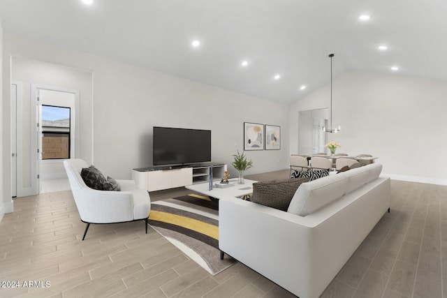 living room with lofted ceiling, recessed lighting, and wood tiled floor