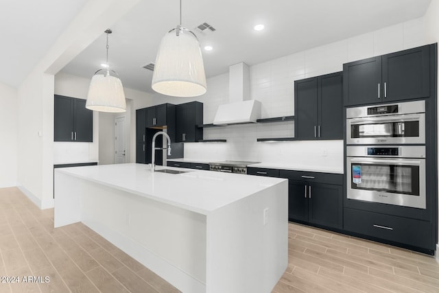 kitchen featuring visible vents, appliances with stainless steel finishes, backsplash, wall chimney range hood, and a sink