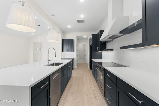 kitchen featuring stainless steel appliances, tasteful backsplash, visible vents, a sink, and wall chimney range hood