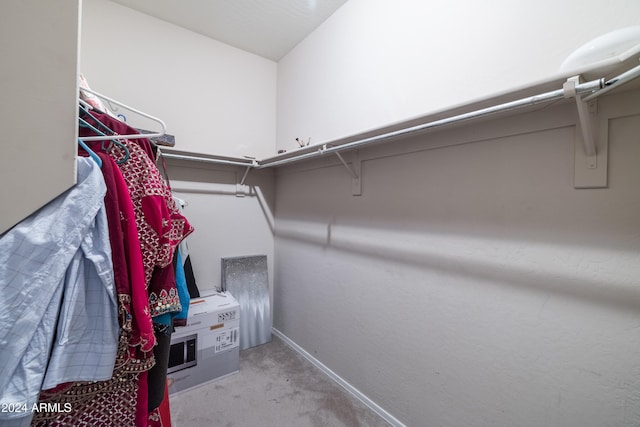 walk in closet featuring carpet flooring