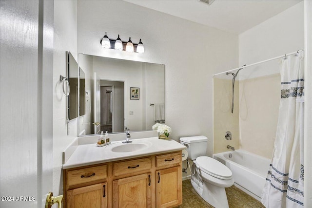 full bathroom with shower / bathtub combination with curtain, tile patterned flooring, vanity, and toilet