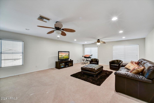 living room with light colored carpet